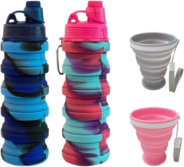 Collapsible Water Bottles 500 ml with silicone collapsible cup 200 ml.Travel Water Bottle Portable Hiking Water Bottle Reusable  Free Silicone Water Bottles. (Colorful1)