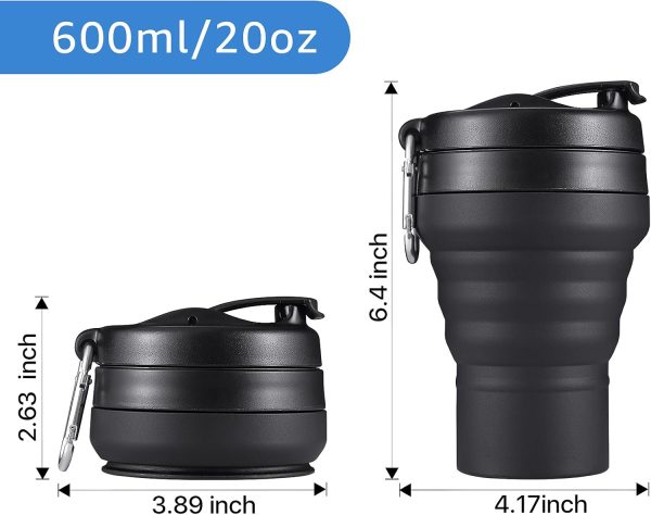 Collapsible Cup for Traveling, 20 OZ 600ml Large Silicone Folding Camping Mug, Leak Proof  Free Portable Reusable Bottle for Coffee, Tea, Water, Camping, Hiking, Outdoor (Black)