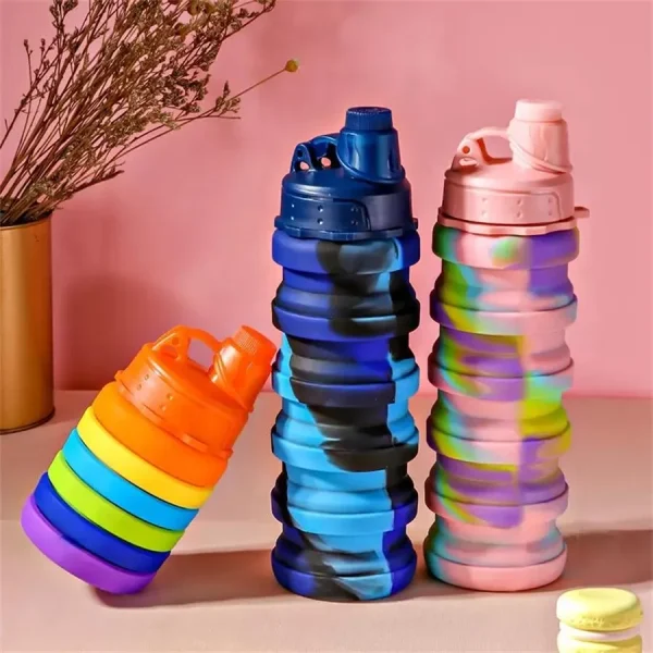 Foldable 16oz Rainbow Silicon 500ml Water Bottles Outdoor Creative Telescopic Portable Water Bottle Leakproof Sports Cup with Strap - Image 2