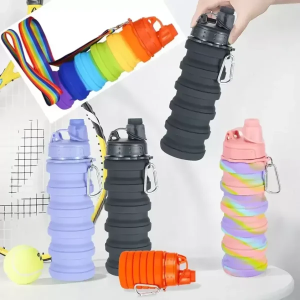 Foldable 16oz Rainbow Silicon 500ml Water Bottles Outdoor Creative Telescopic Portable Water Bottle Leakproof Sports Cup with Strap